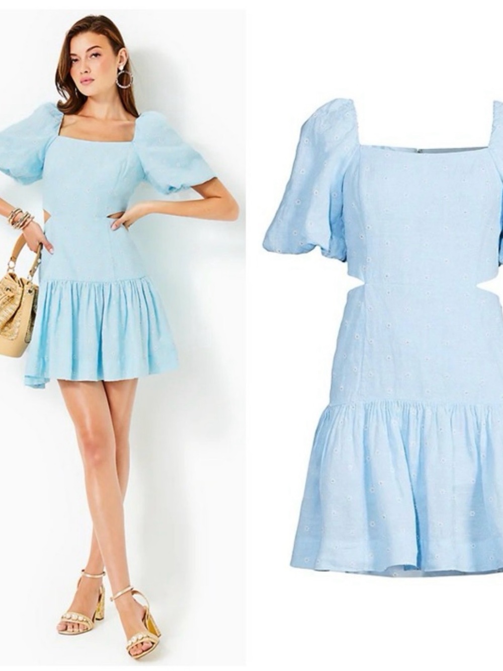 Lily Pulitzer Light Blue Puff Sleeve Square Neck Embroidered Linen Romantic dres